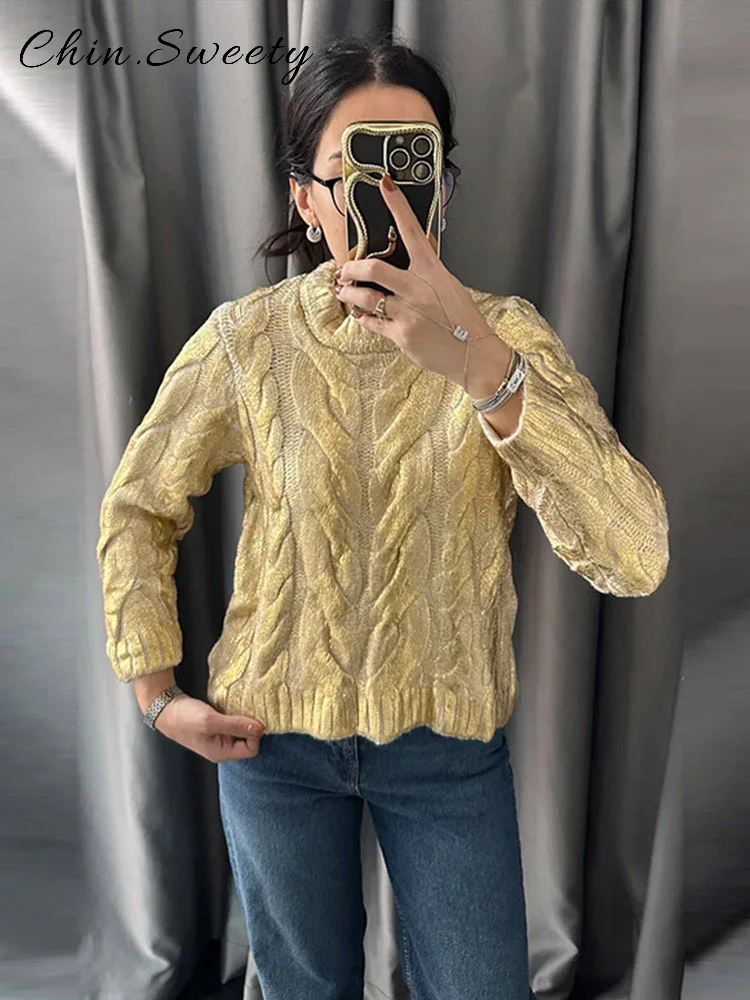 سترة نسائية محبوكة بعقدة ذهبية غير رسمية فضفاضة برقبة دائرية وأكمام طويلة بلوفر نسائي 2026 ربيعي أنيق ملابس تريكو تناسب الجميع