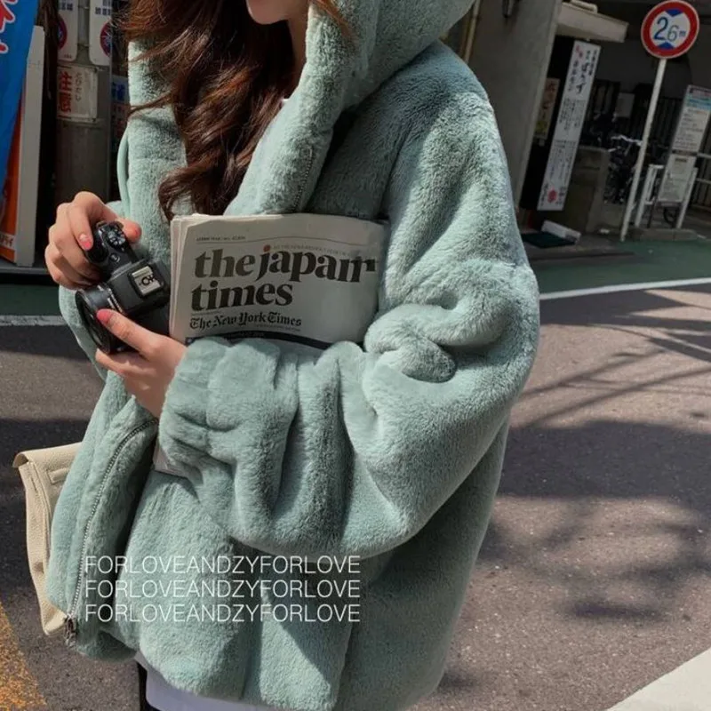 VOLALO 2024 Fashion Faux Fur Coat Winter Women Casual Hooded Slim Long Sleeve Faux Fox Fur Winter Jacket Women Casaco Feminino