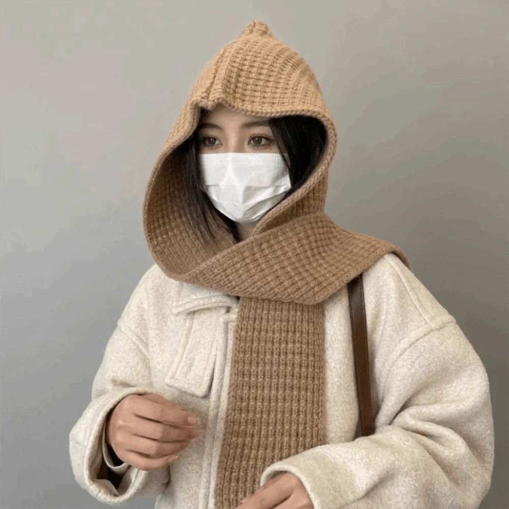 Acrylic Fibres Knitted Hooded Caps Soft Embossing Neck Collar Beanies Caps Keep Warm Korean Style Winter Neckerchief Hat Work