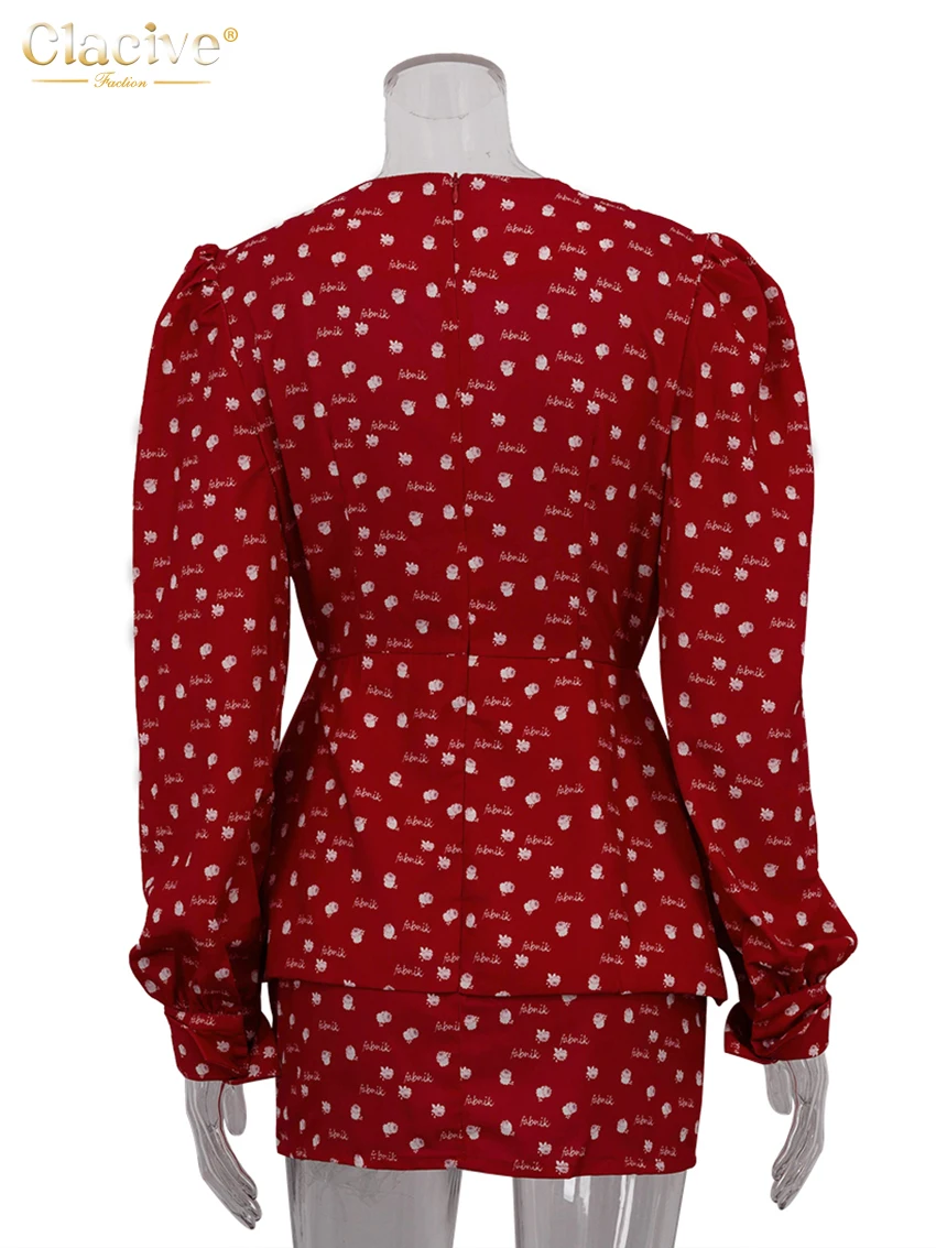 Clacive Fashion Slim Print Women\'s Dress 2024 Sexy Deep V-Neck Long Sleeve Mini Dresses Elegant Classic High Waist Female Dress