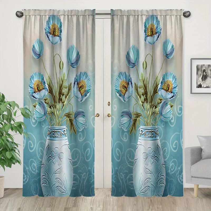 2pcs Sunflower Blue Vase Print Curtains, Rod Pocket Window Treatment for Girls Bedroom, Office, Kitchen, Living Room, Home Decor