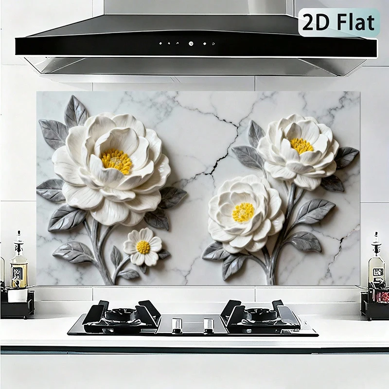 1pc white flower self-adhesive PVC for kitchen dining room and living room - modern and elegant home decoration 2D planar design