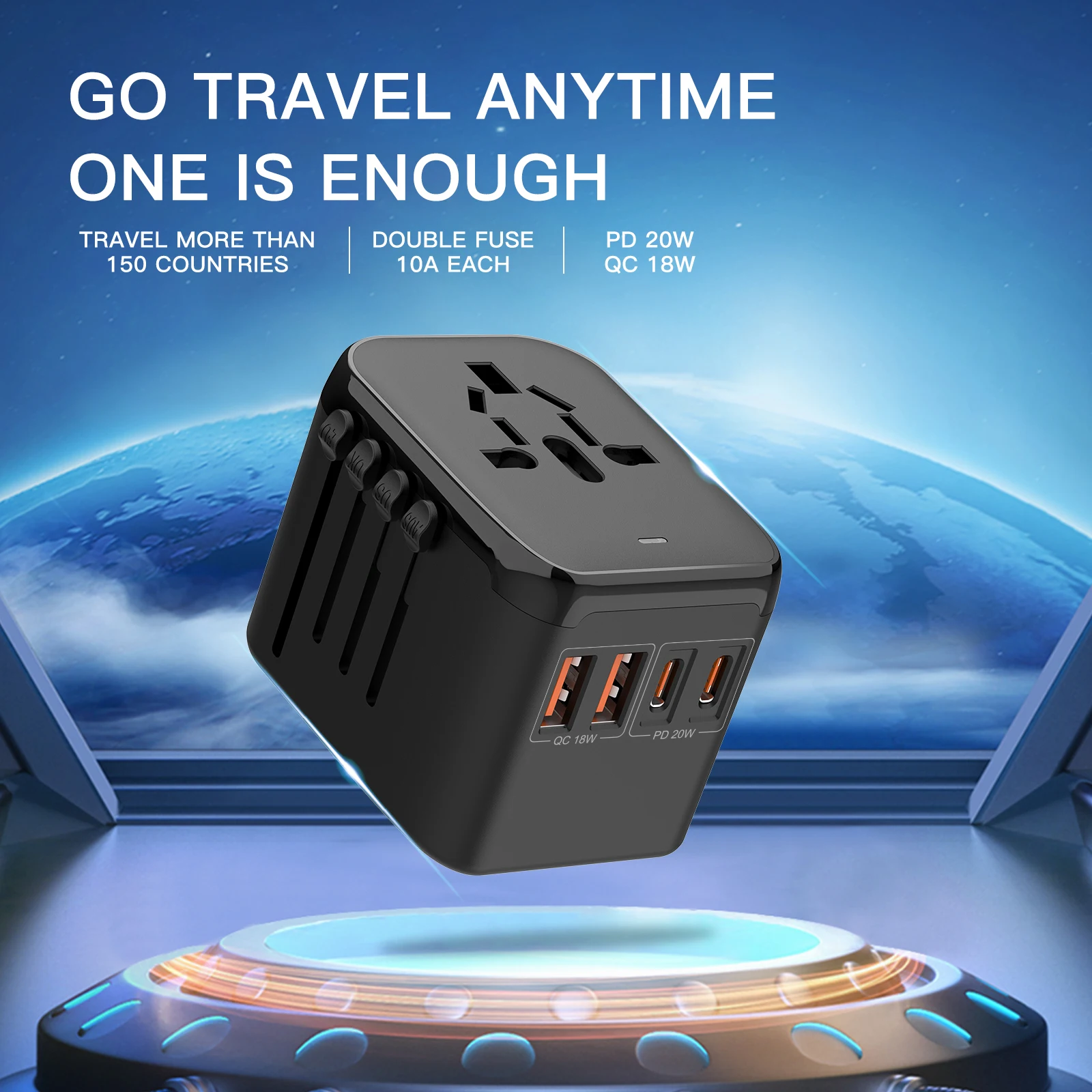 GaN 20W Fast Charging Power Adapter, 2 USB-C & 2 USB-A Ports, International Travel Charger with EU UK US AU Worldwide Plug Adapt
