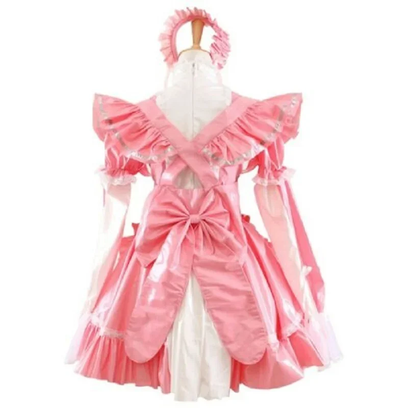 Pink high shoulder bow ribbon bubble sleeve PVC maid dress rode play Costume Customization js3312