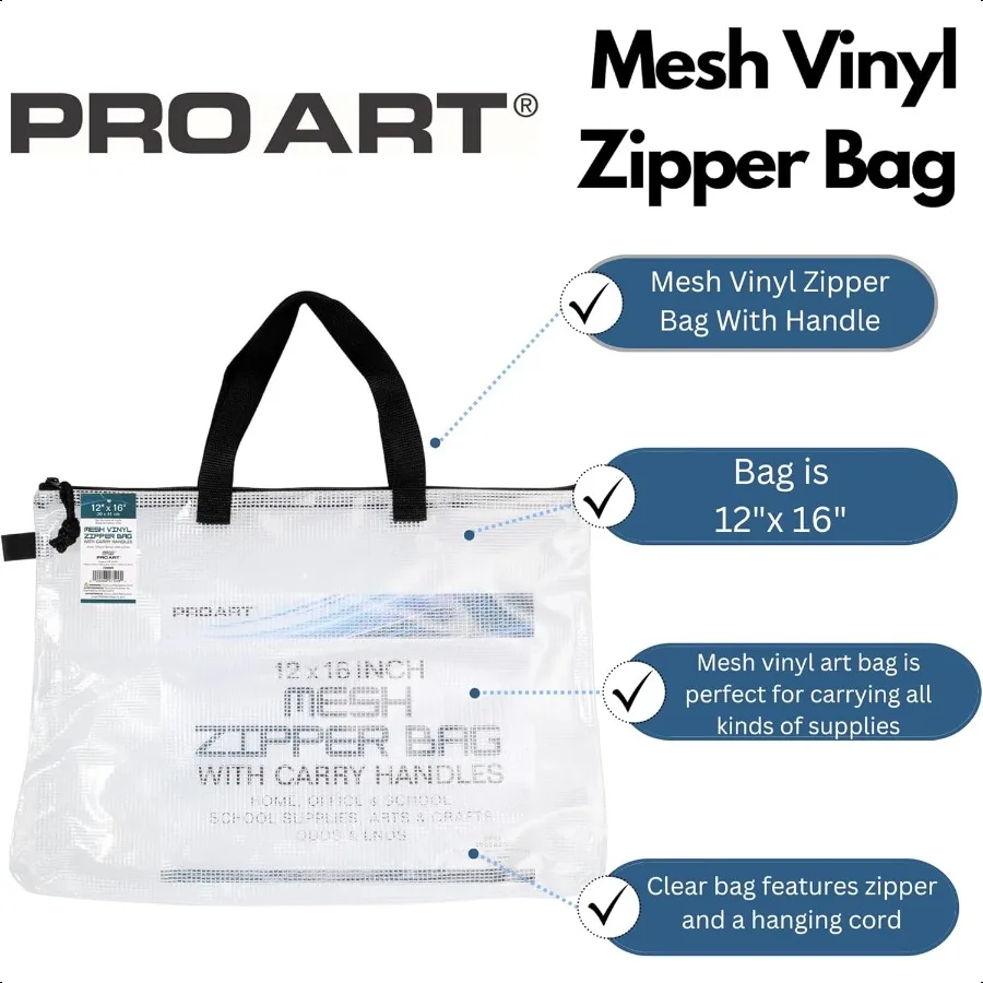 Bolsa de malha Pro Art Vinyl de 12 polegadas x 16 polegadas com zíper e alça transbrilcente