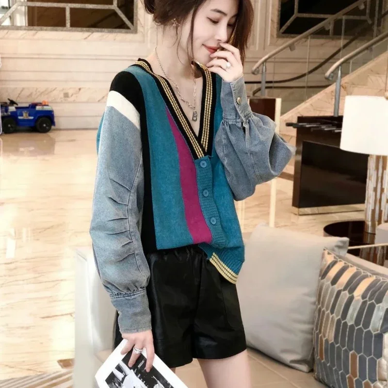 Patchwork 2025 Fashion Knitted Denim Jacket for Women Korean Outer Original Harajuku Streetwear Models Cheap Cowboy Coat Woman