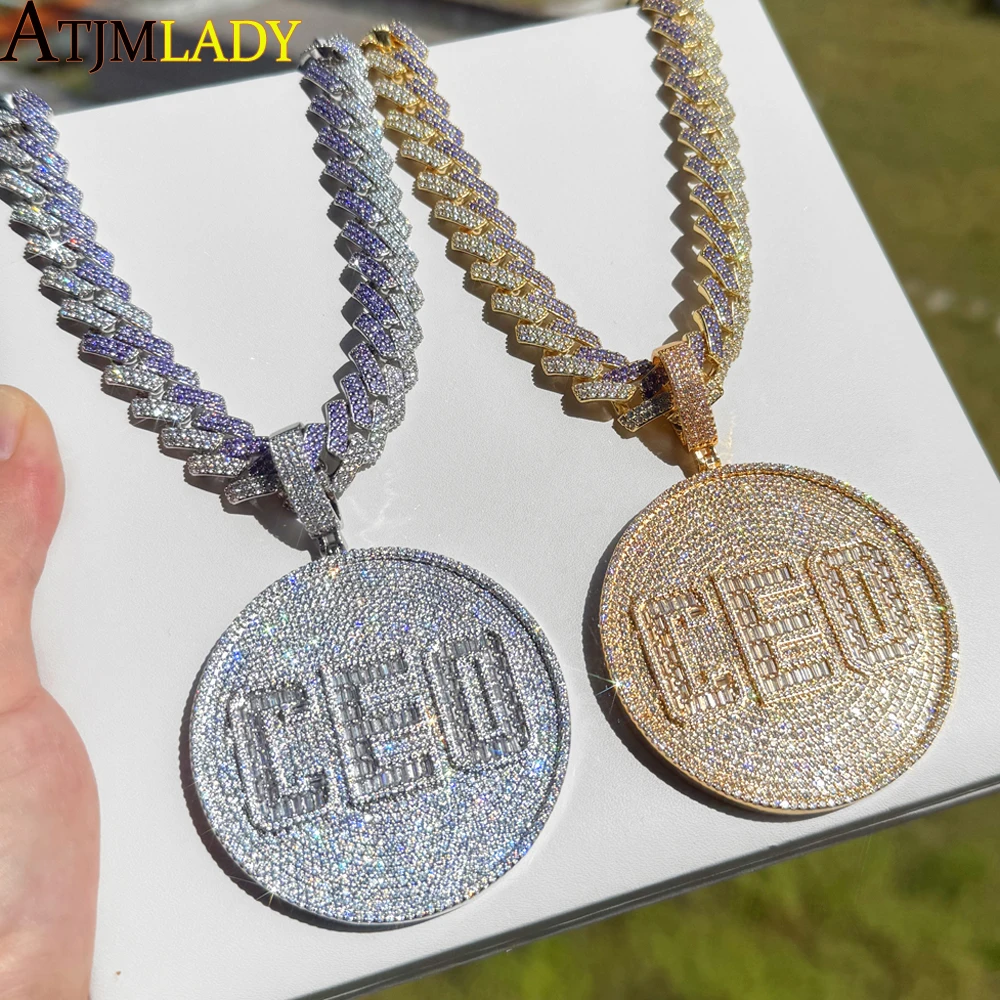 

2025 New Round CEO Pendant Necklace 15mm White Purple CZ Bling Cubic Zirconia Cuban Chain Hip Hop Jewelry Jewelry for Man