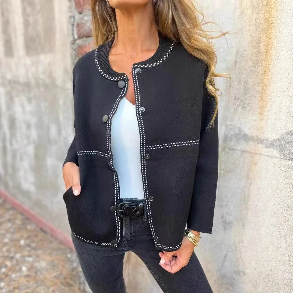 

2025 Autumn Winter New Striped Loose Round Neck Button Long Sleeve Versatile Sweater Jacket