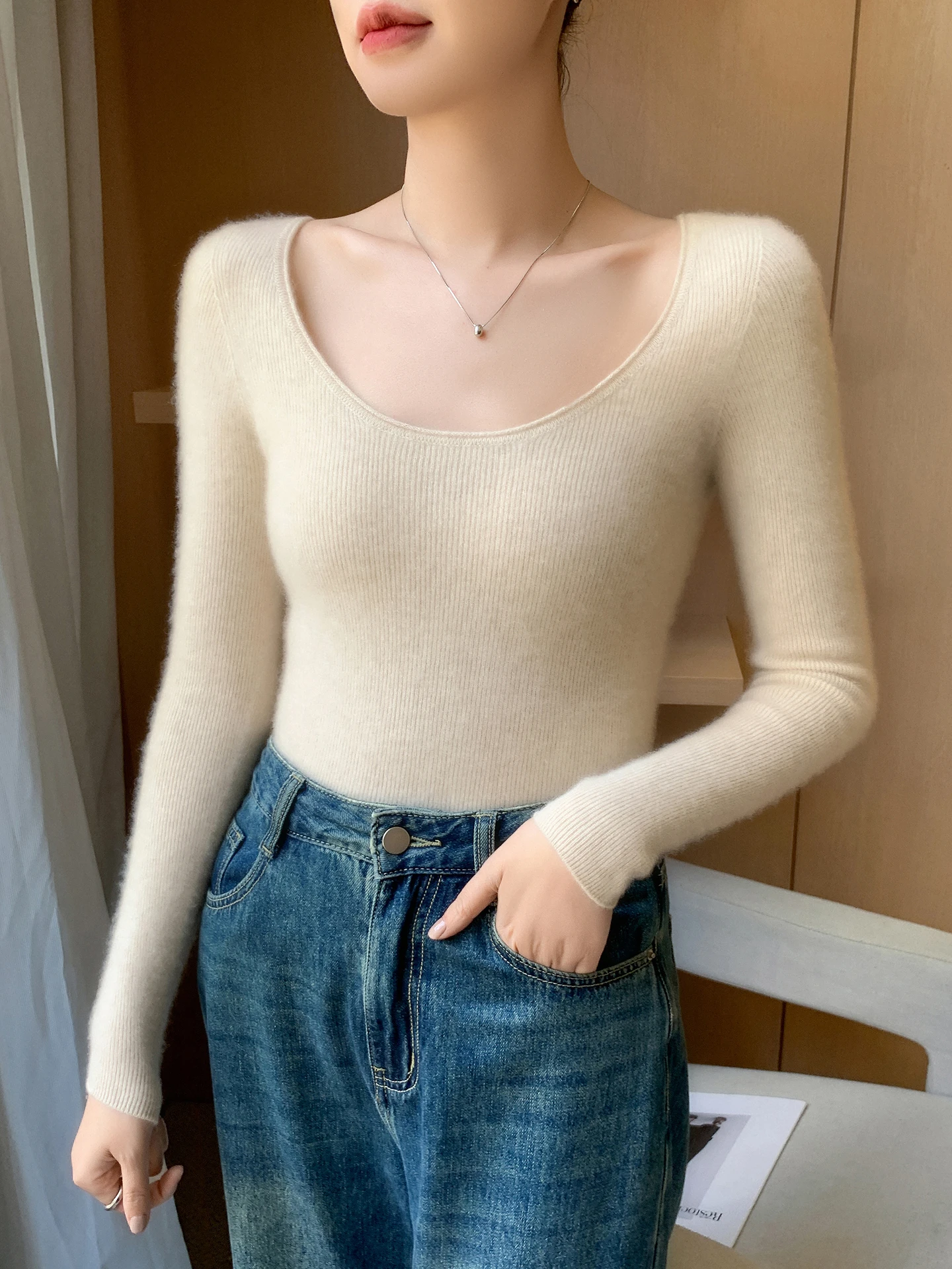 

Осенне-зимний пуловер из 100% кашемира, женский трикотажный свитер с U-образным вырезом, однотонный базовый топ с длинным рукавом, облегающий, универсальный, высокого качества