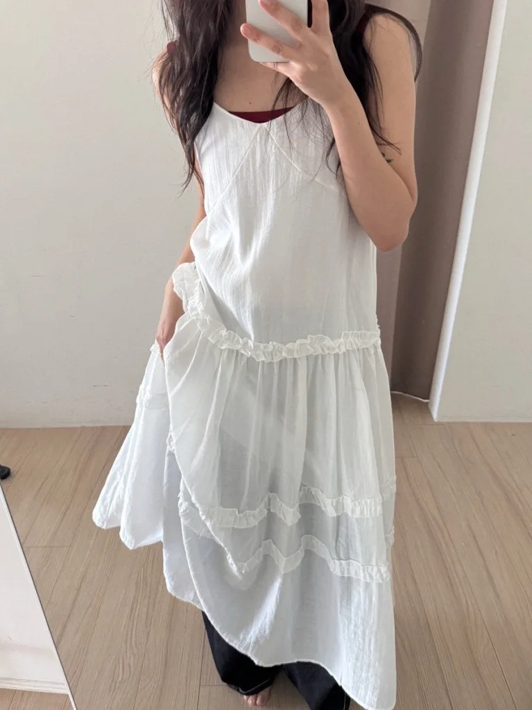 

Белое деревянное платье без бретелек с оборками, женское, свободного кроя, с эффектом похудения, многослойное, с V-образным вырезом, длинное, в корейском стиле, с завышенной талией