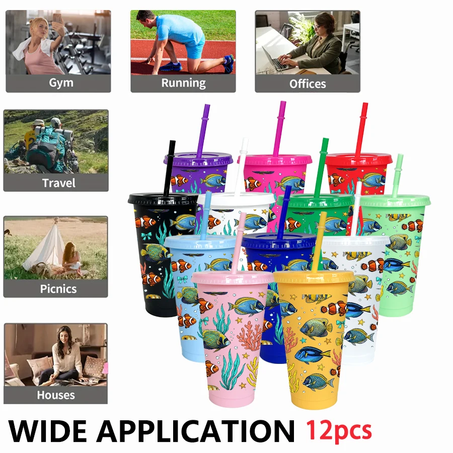 12pcs/pack Fish Seaweed Bubble Pattern 26oz Colored Plastic Party Cold Cups for Back-to-school Birthday Gifts