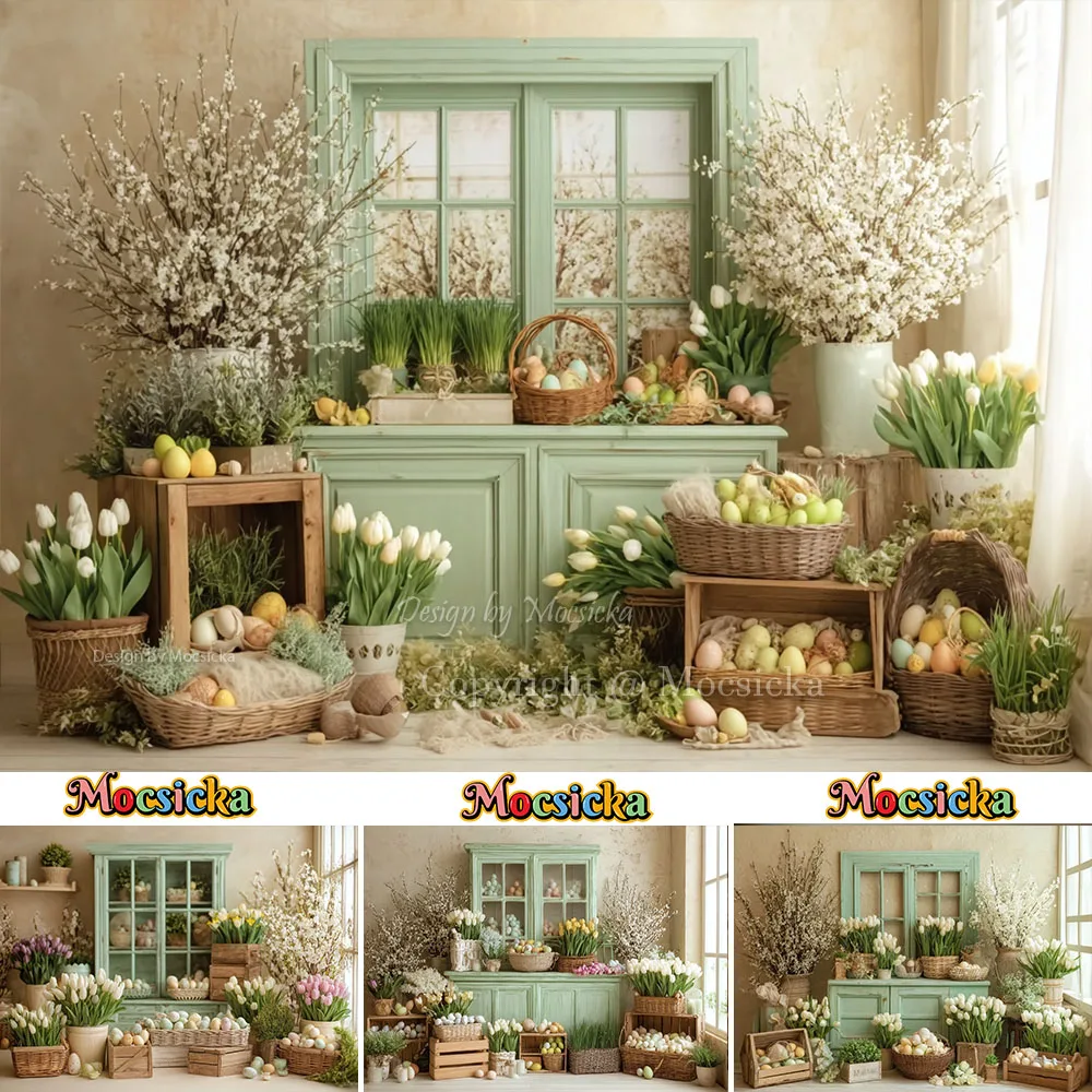 

Mocsicka Spring Easter Party Background Photography Mint Green Cabinet Floral Easter Egg Backdrop Decor Kid Birthday Photozone