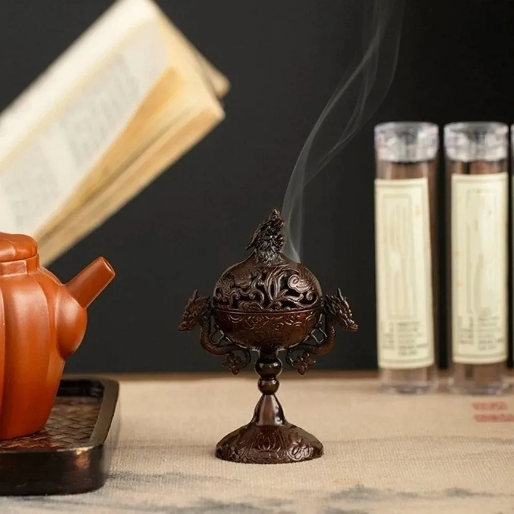 Alloy Alloy Incense Burner Hollow Out With Lid Sandalwood Incense Burner Double Dragon Pattern High Foot Incense Burner