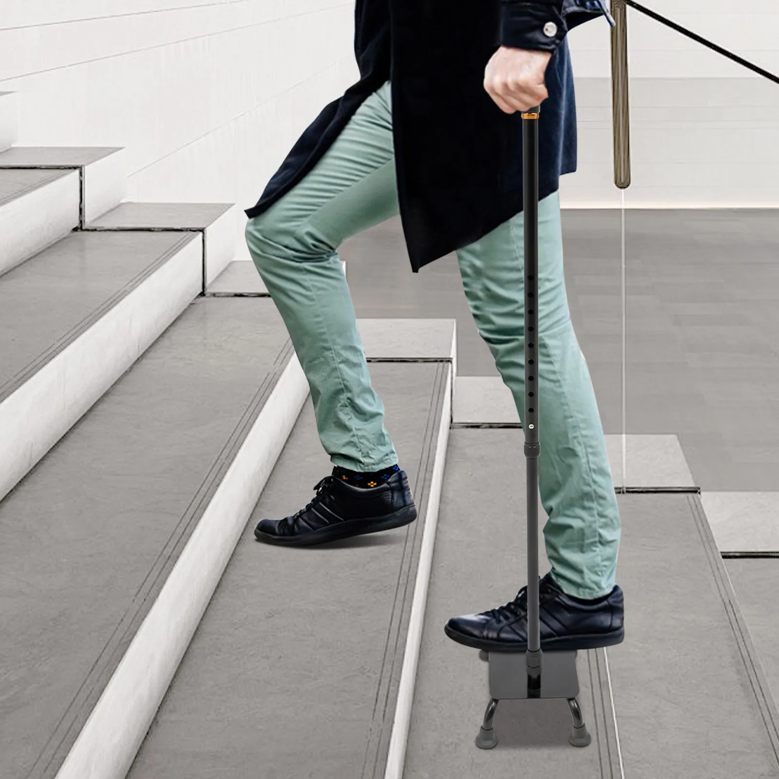 Adjustable Stair Climbing Assist Cane for Seniors, Non-Slip Stability Walking Aid with Step-Assist, Stair Lift Device for Safe