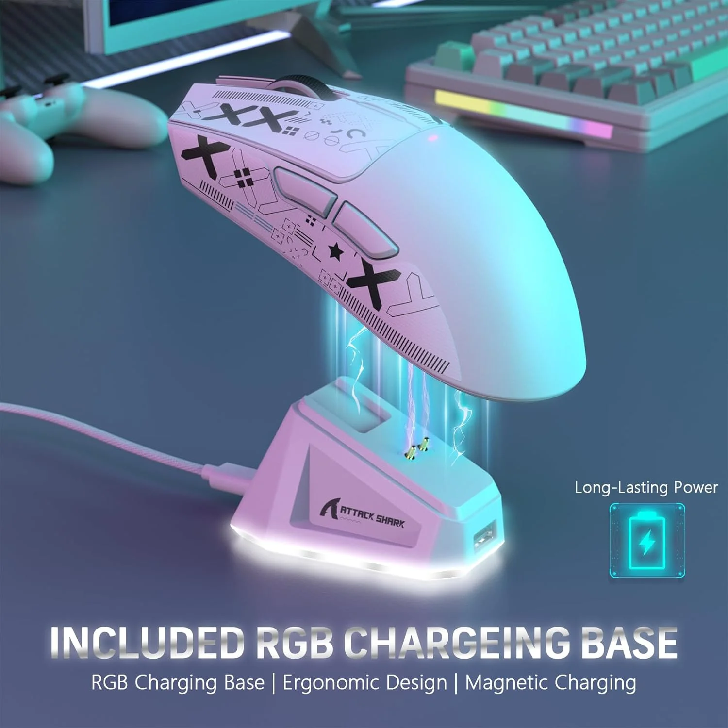 ماوس ألعاب لاسلكي ATTACK SHARK X11 مع قاعدة شحن مغناطيسية RGB، سلكي/2.4G/BT، 22K DPI، خفيف الوزن 59 جرام ثلاثي الوضع مع شريط