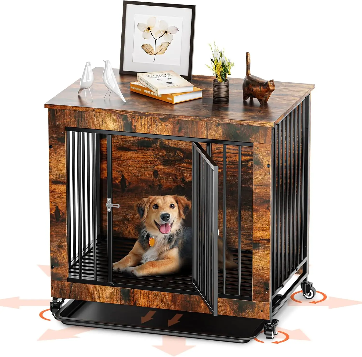 

Large Wooden Dog Crate Furniture: Courpal® 30" End Table Dog Kennel Indoor for Medium Breed with Wheel - Extra Heavy Duty Room C