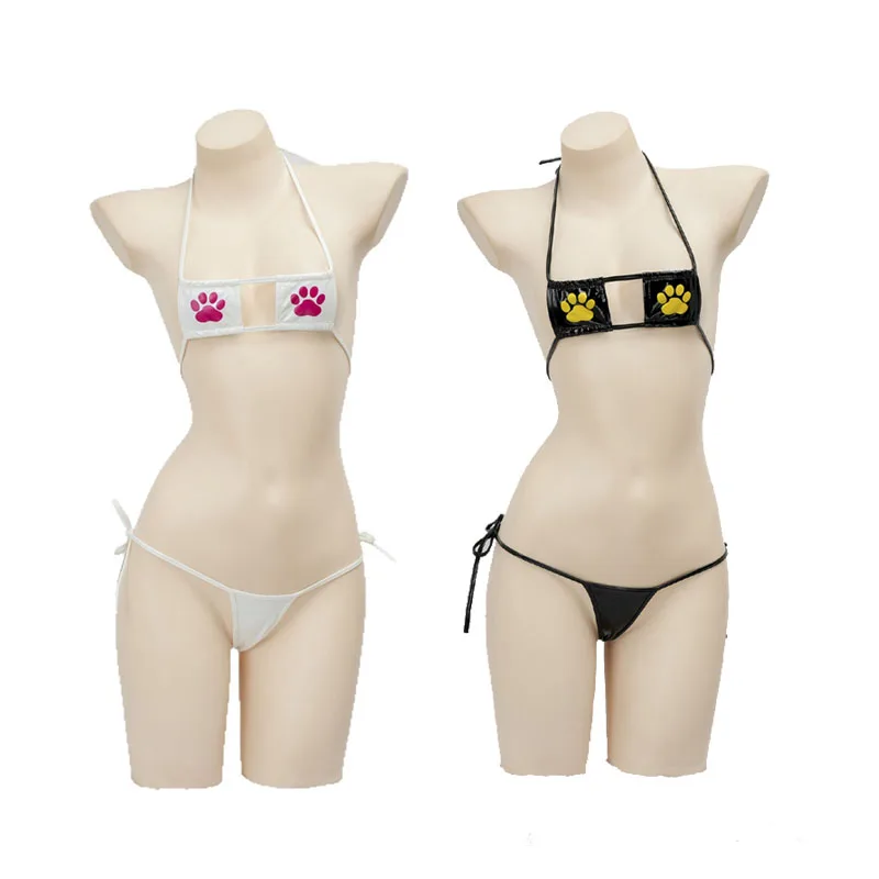 

XXOO Sexy Cute Cat Paw Micro Mini Bikini Set Halter Neck Tie Up PU Lingerie Bandage Anime Cosplay Costume Bra Underwear Set