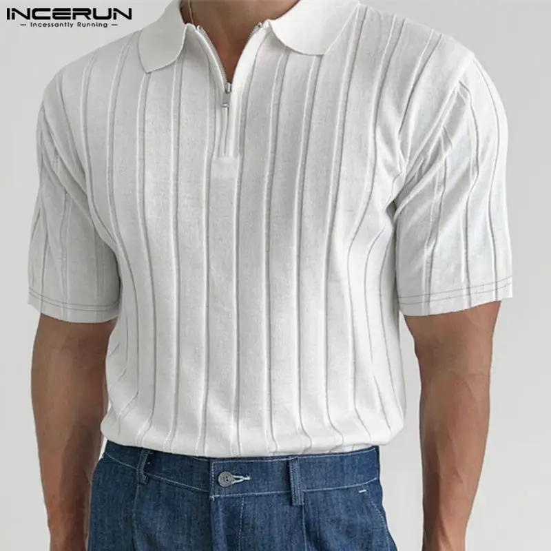 INCERUN Tops 2024 Korean Style Men Solid Knitted Collar Design Shirts Casual Streetwear Male Short Sleeved Zippered Blouse S-5XL