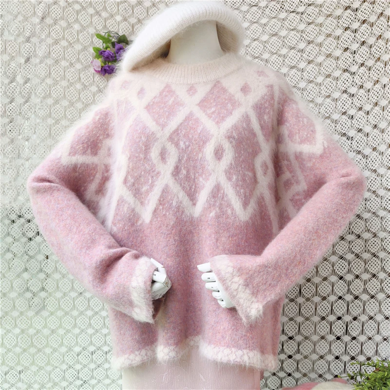 

Women Rabbit Hair Mohair Blend Sweater Pink Diamond Argyle Knit Pullover Crew Neck Long Sleeve Loose Jumper Autumn Winter Jumper