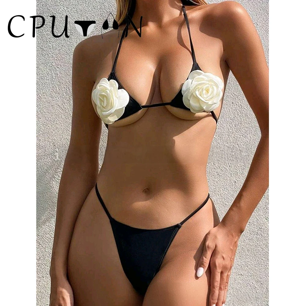 

CPUTAN 2024 сексуальный черный комплект бикини с 3D цветами, купальник пуш-ап, однотонные стринги, бикини, купальный костюм, женская летняя пляжная одежда