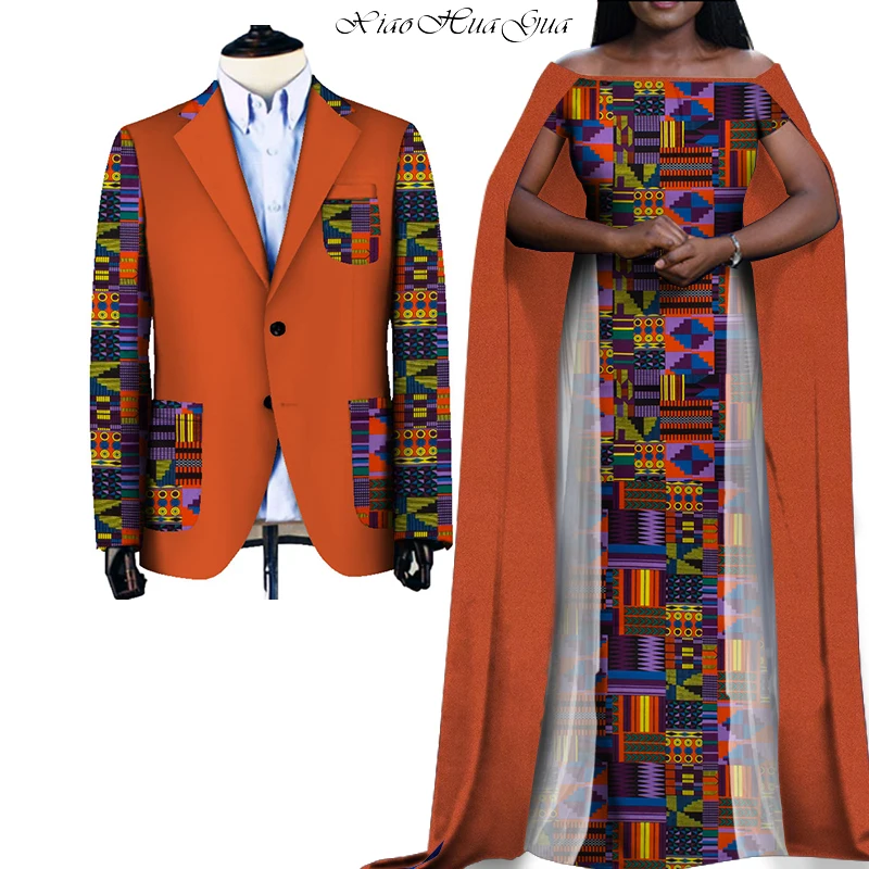 

Two Piece Set African Dashiki Print Couple Clothing for Lovers Men's Blazer and Women's Party Wedding Dress Plus Size WYQ270