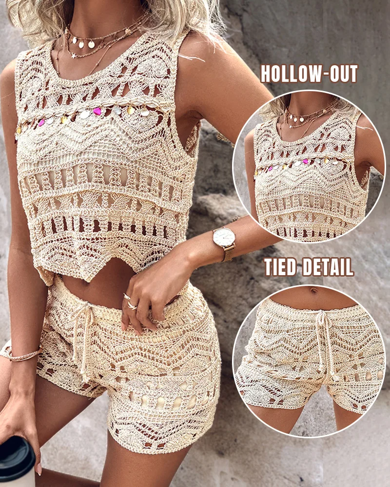 Two Piece Sets Women Shorts Pants Set Beach Knitted Slim Y2k Round Neck Sleeveless Tops High Waist Lace Up Pant Casual Summer