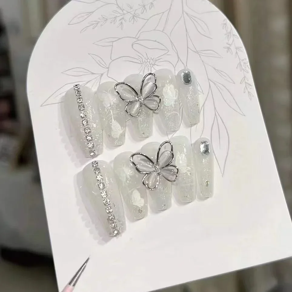 

Вертикальная цепочка-бабочка, маникюр ручной работы, блестящие носимые ногти, белая бабочка, бриллиант, съемная накладная накладка для ногтей