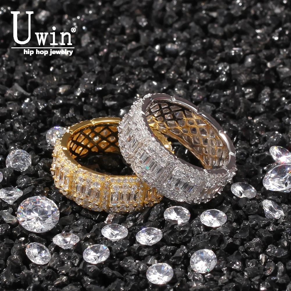 

Uwin 8mm 10mm Baguette Rings Full Iced Bling Hiphop Rings Cubic Zirconia Mens Women Fashion Silver Color Jewelry