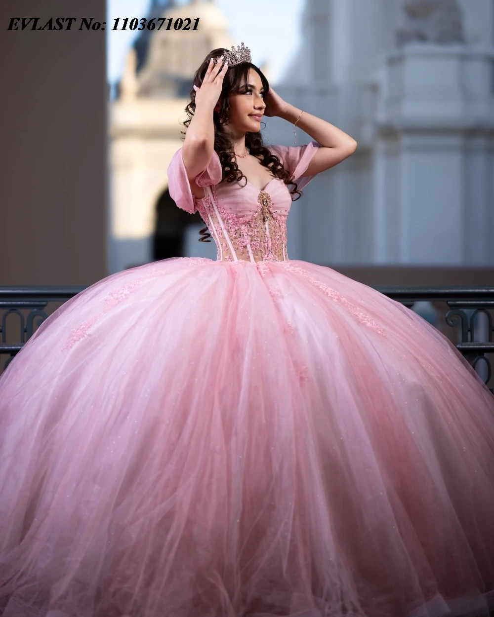 فستان Quinceanera الوردي اللامع ، ثوب الكرة ، زين لامع ، مشد المكسيك الديكور ، الحلو 16 ، SQ768 ، 16