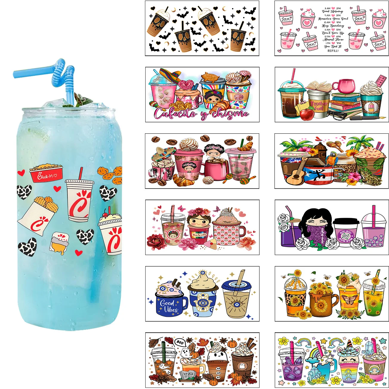 

Coffee Bottle Series easy peel waterproof DIY Decals 3D transfers uvdtf crystal sticker 16oz uv dtf cup wraps