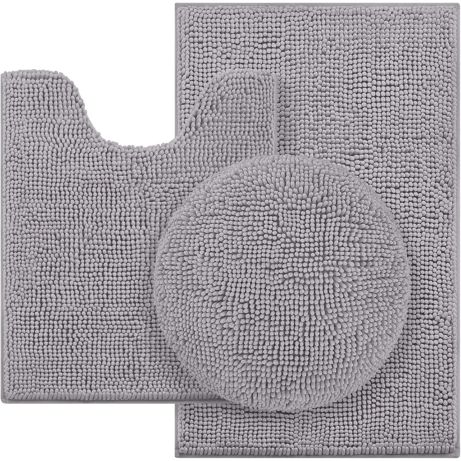 회색 욕실 매트 세트 3종 셔닐 욕실 매트 부드럽고 흡수성 좋은 미끄럼 방지 세탁 가능 욕실 매트와 변기 뚜껑 커버 포함 이상적인 선물