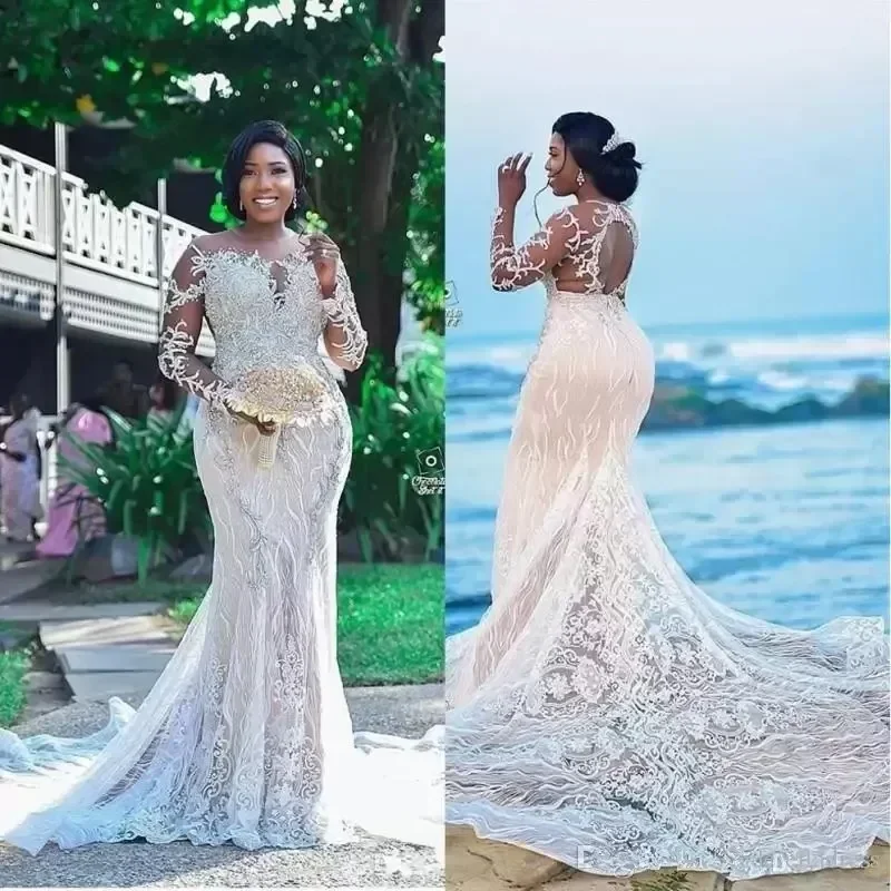 

Customized Luxurious Lace Beaded African Wedding Dresses Mermaid Sheer Neck Bridal Long Sleeves Vintage Sexy Gowns