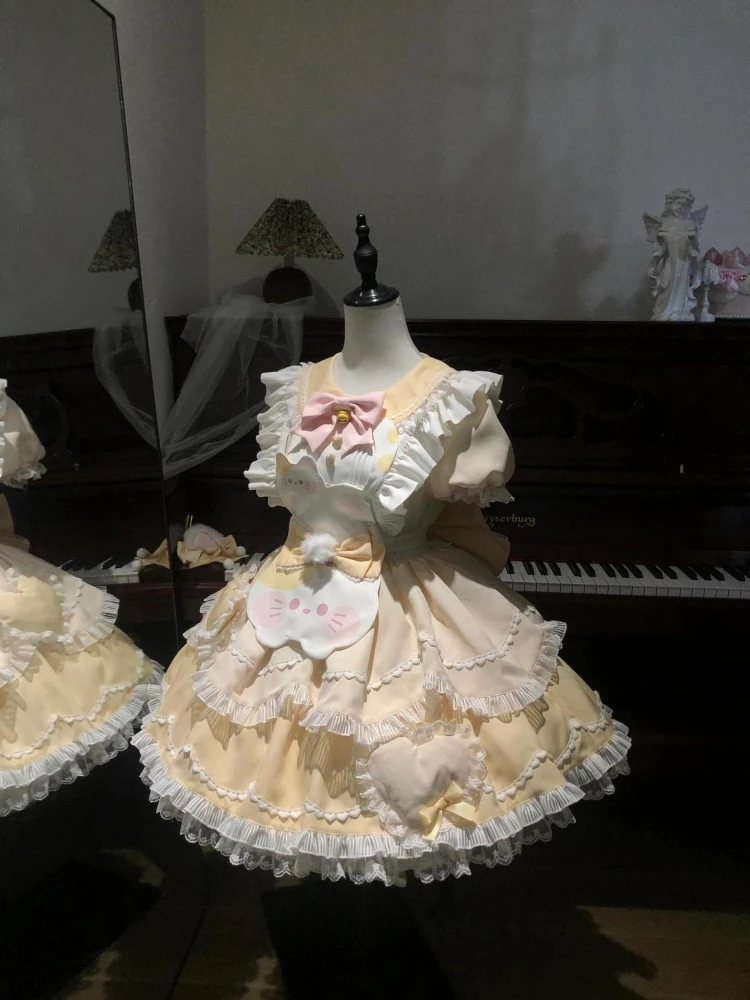 

Japanese Kawaii Lolita Women 2 Piece Set Y2k Ruffle Kitten Apron Dress Sweet Girl Harajuku Cosplay Maid Uniform Design Outfits