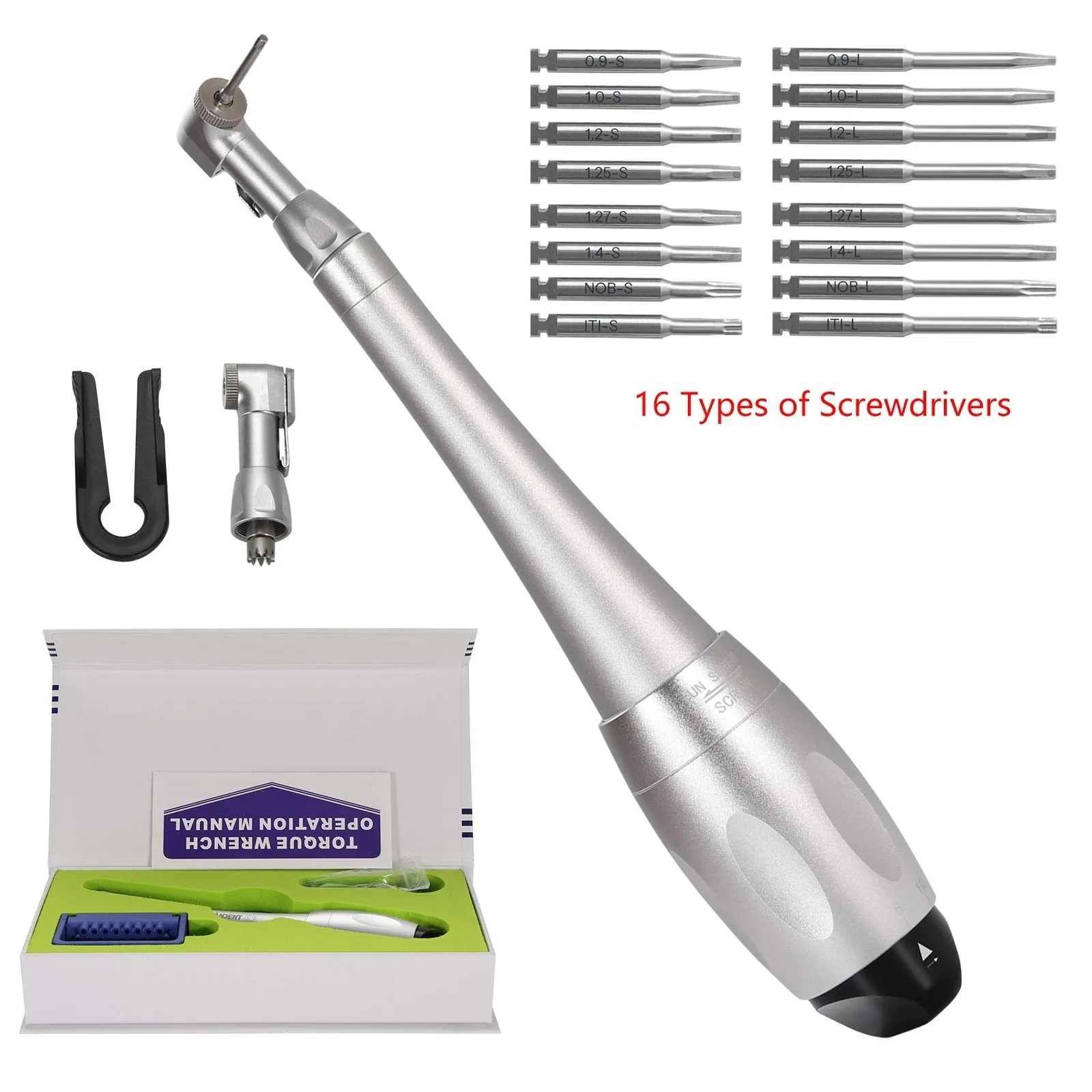 Dental Torque Wrench Universal Implant Kit Contra Angle & 16 Drivers Silver Color