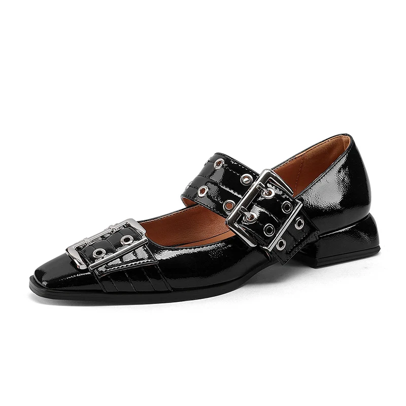 Womens Classic Ballet Flats with Square Toe Buckle and Breathable Metal Eyelets Comfortable, Versatile, and Stylish.