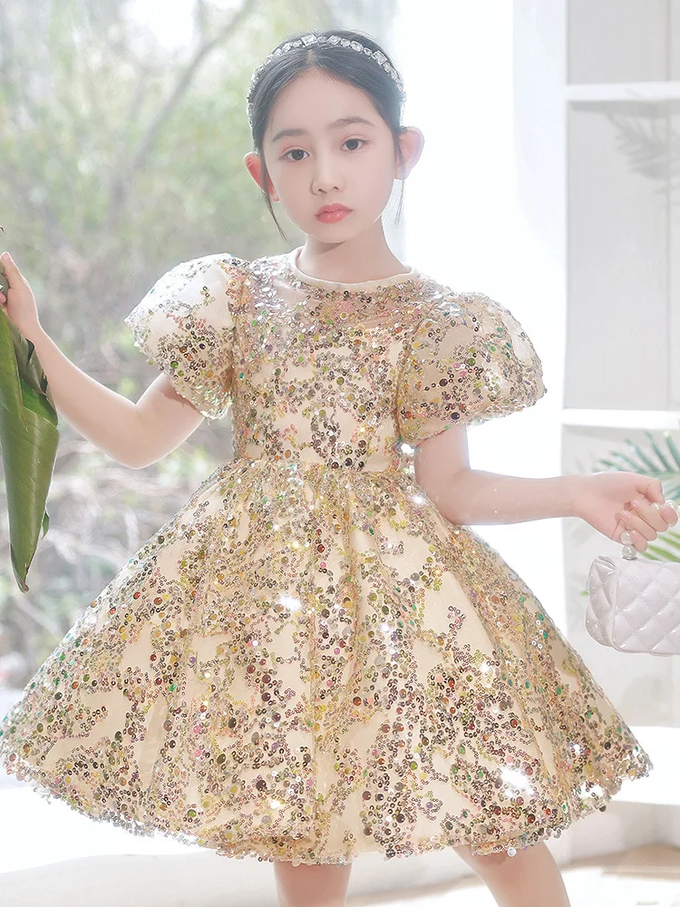 Kids Luxury Party Sequin Dresses for Girls Size 3 - 12 Years Birthday Photo Shoot Gown Evening Formal Lace Dress Prom Frock