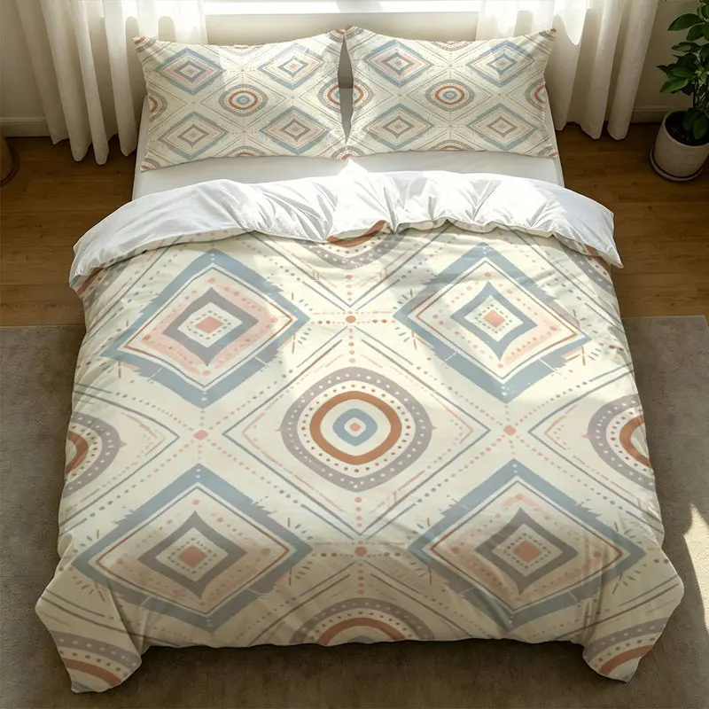 2/3Pcs Microfiber Duvet Cover Set,Ultra-Soft,Breathable,Skin-Friendly,Durable,Geometric Circles Diamonds Print,Bedroom Decor