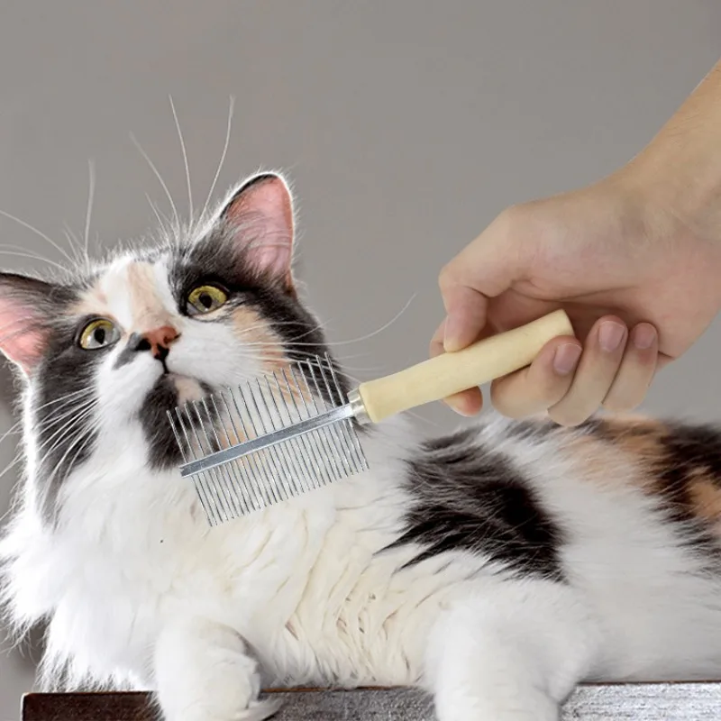 Pet Dematting Comb Stainless Steel Pet Hair Remover Cat Hair Comb Grooming Wooden Handle Cat Dog Comb Smooth Hair Kitten Brush