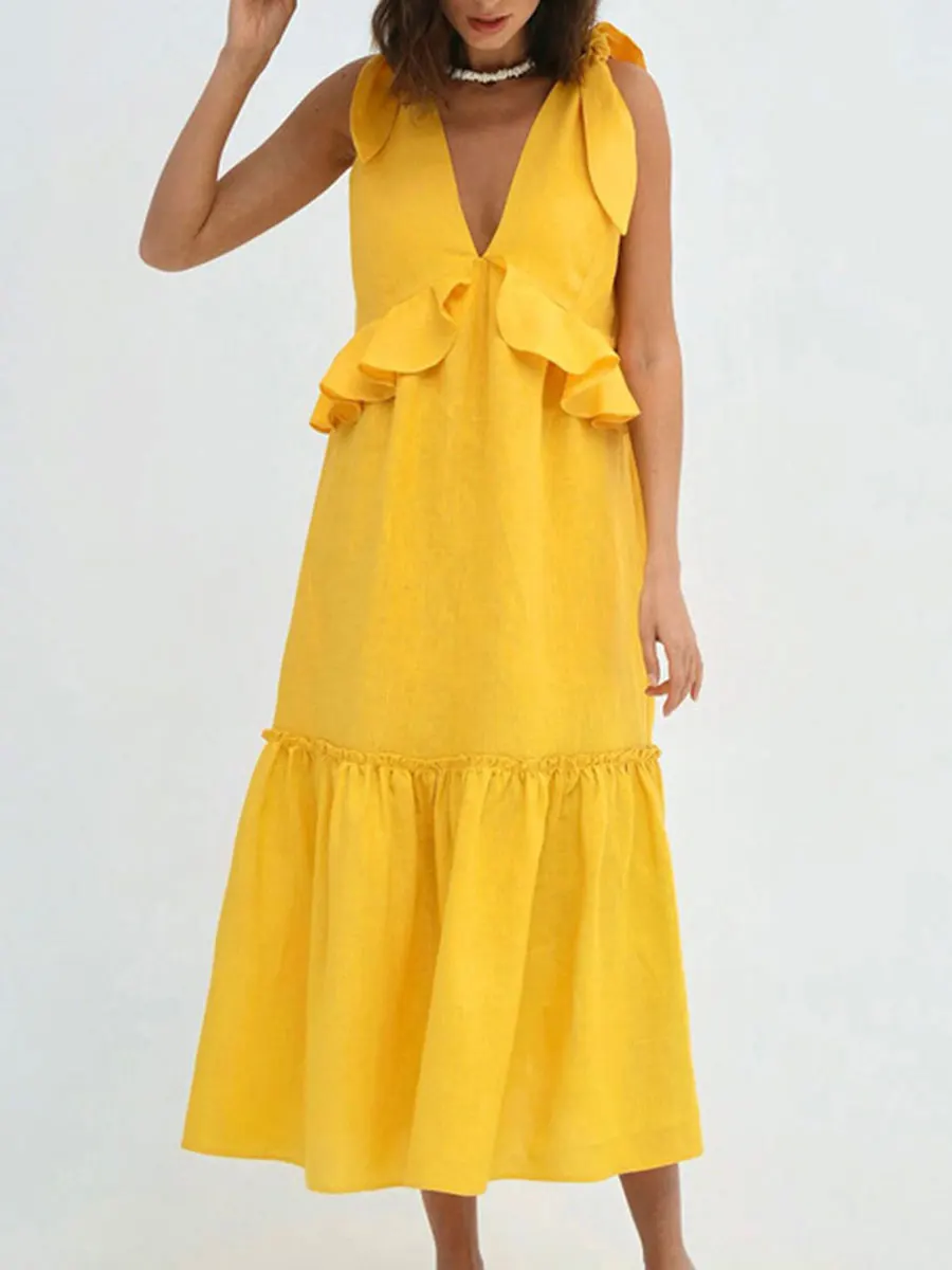 

Women Summer Casual Long Dress Solid Color V-Neck Tie Knot Shoulder Sleeveless Dress Fashion Ruffles Beach Holiday Dress