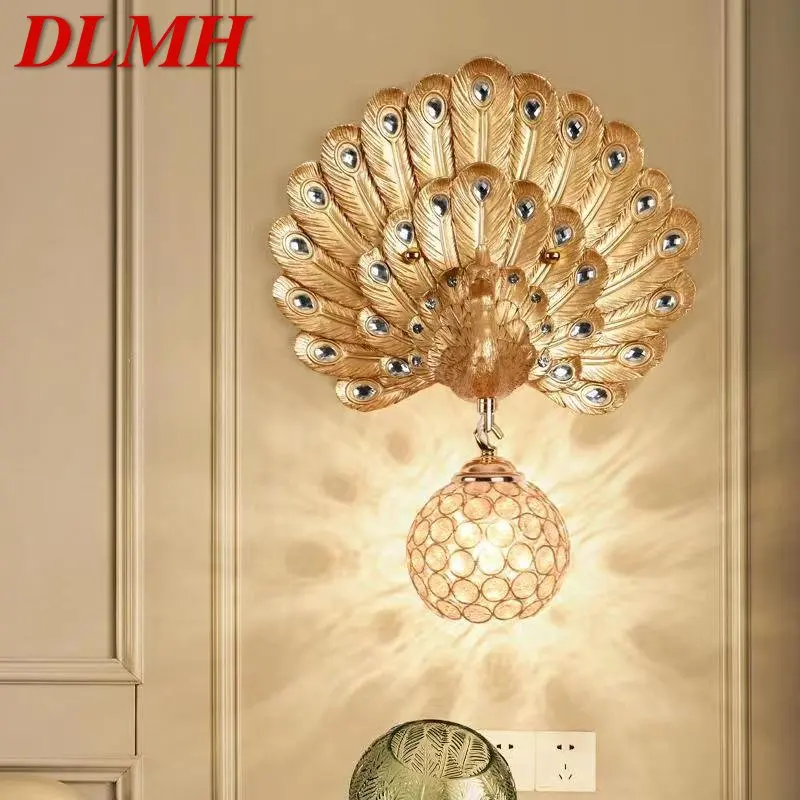 DLMH Contemporary Resin Peacock Wall Light LED Gold Creative Crystal Sconce Lamps For Home Living Room Bedroom Decor