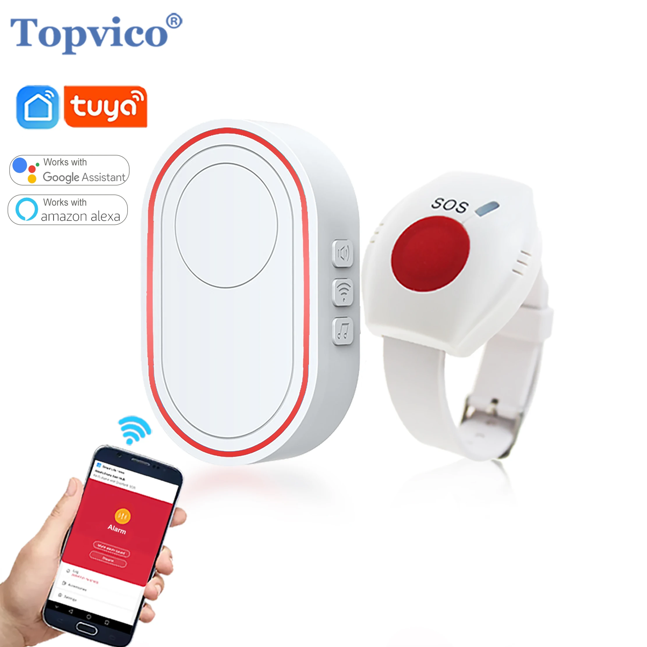 Botón de Pánico WIFI Topvico para Personas Mayores, Reloj con Alarma SOS, Alerta de Caídas, Llamada de Emergencia para Adultos Mayores, Pager Inalámbrico para Cuidadores, Tuya