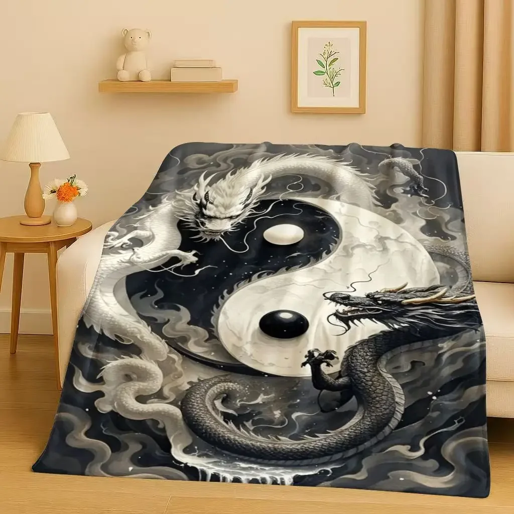 Yin Yang Element Dragon Chinese Loong Cartoon Flannel Blanket,Ultra Soft Warm Plush Throw for Home Bedroom Bed Sofa Cover Kid