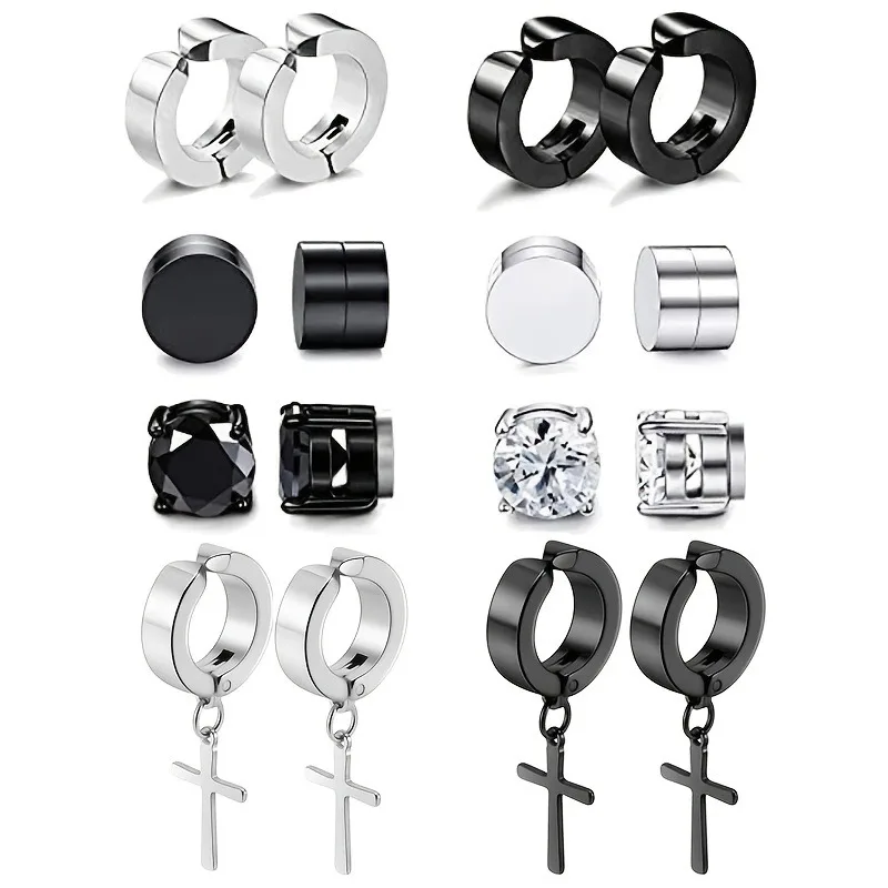 2Pcs Magnetic Ear Clip Set Men and Women Stainless Steel Ring Cross Non-Perforated Fake Gauge Earrings Jewelry Gift