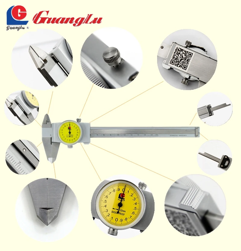 Guanglu Dial Caliper High Precision 150mm 0.01mm Stainless Steel Paquimetro Vernier Calipers Measuring Instruments Measure Tools