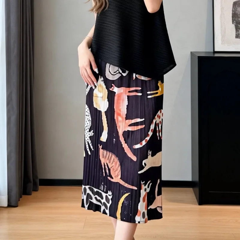 

Miyake Pleated Niche Cat Print Skirt 2026 Summer New Jupe Loose Plus Size Elastic Waist Personality Versatile Straight Skirt