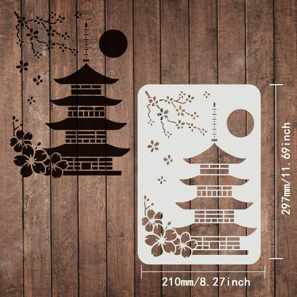 Tower Stencils 11.7x8.3 inch Plastic Flowers Ancient Tower Drawing Painting Stencils Cherry Blossom Tower Sun Pattern Wall