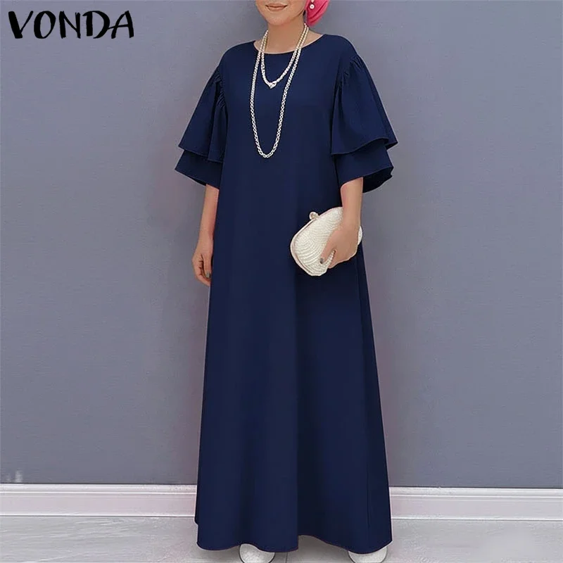 VONDA Elegant Party Women Summer Dress Half Sleeve Plus Size Dresses Ruffle Sleeve OL Work Vestidos Long Maxi Dress Streetwear