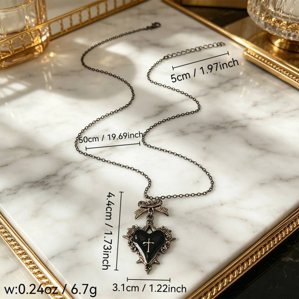 Gothic Style Thorn Heart Cross Necklace, Vintage Distressed Bow Pendant, Y2K Hot Girl Ins Style Versatile Accessory