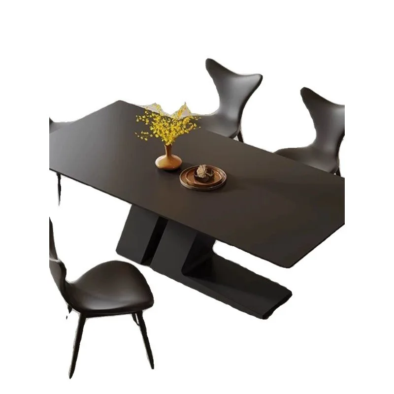 

Rectangle island cream style dining table modern simple black rock slab dining table and chairs household small apartment
