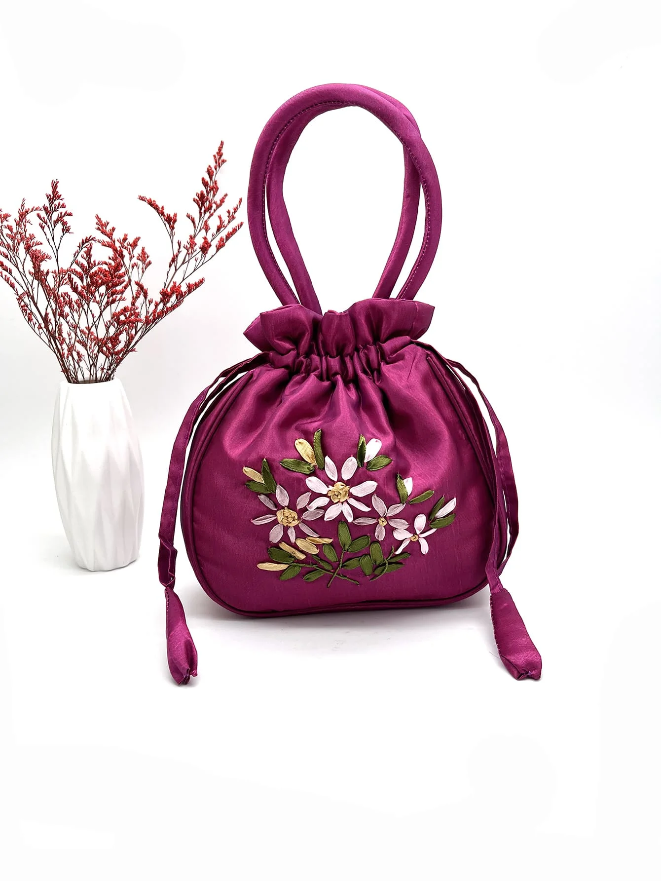 Bolso de mano morado de satén con cordón y bordado floral, mini bolso tote de doble asa para mujer